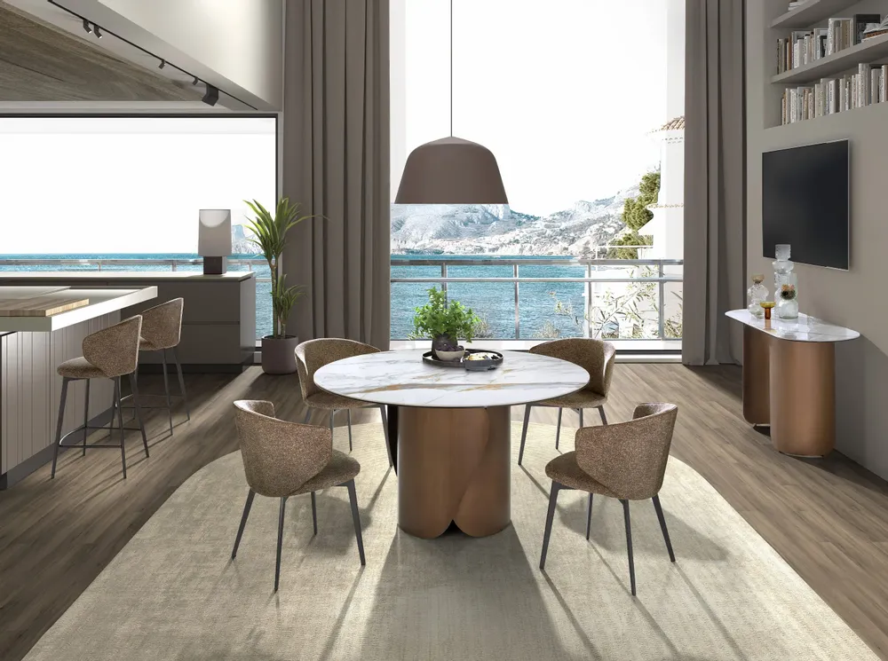 Consoles - Console ovale en demi-cercle en marbre porcelainé et acier couleur bro - ANGEL CERDÁ