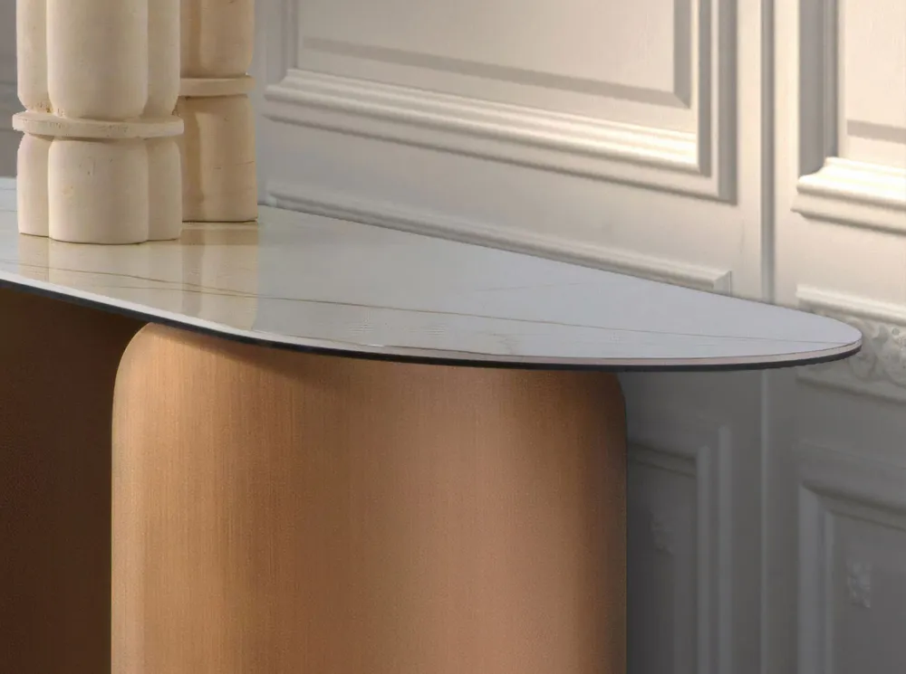 Consoles - Console ovale en demi-cercle en marbre porcelainé et acier couleur bro - ANGEL CERDÁ