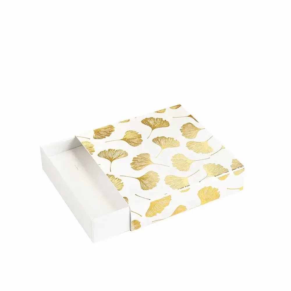 Cadeaux - Écrin vide-poche blanc, à tiroir - Motifs ginkgos dorure à chaud dorée - LAVAL 1878