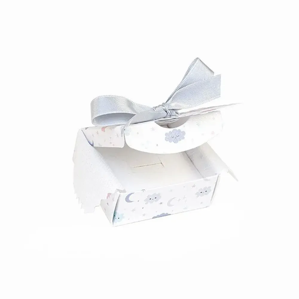 Cadeaux - Écrin carton irisé blanc à étoiles/nuages, noeud satin gris - LAVAL 1878