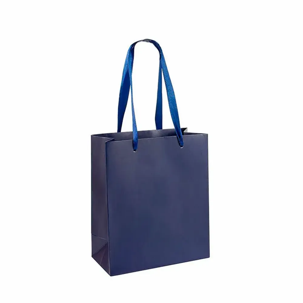 Gifts - Dark blue matte paper bags, ribbon handles, 16 x 8 x H 19cm, 190g (x12) - LAVAL 1878