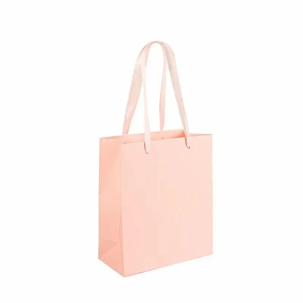 Gifts - Pale pink matte paper bags, ribbon handles, 16 x 8 x H 19cm, 190g (x12) - LAVAL 1878