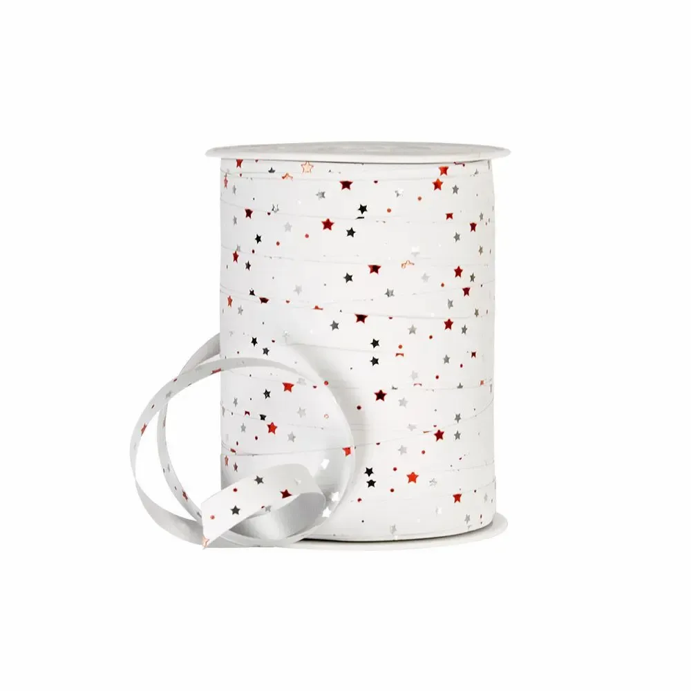 Cadeaux - Bolduc blanc mat motif étoiles rouges et argentées métallisées - 250m - LAVAL 1878