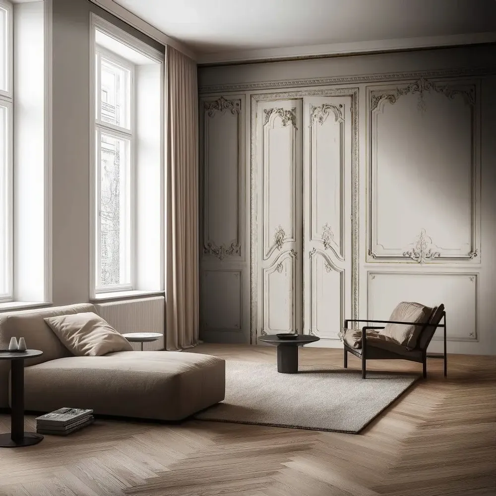 Papiers peints - Papier peint panoramique boiseries Haussmann - Blanc porcelaine - KOZIEL