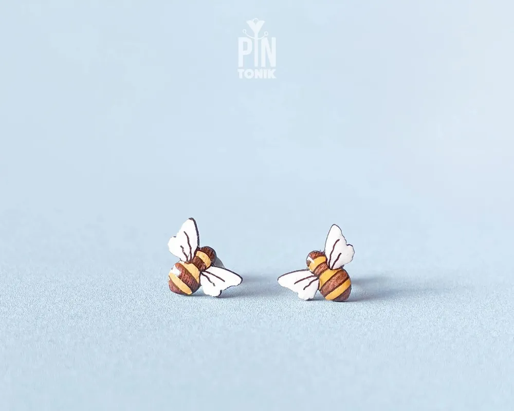 Jewelry - Wooden Bumble Bee Stud Earrings - Whimsical Bug Jewelry - PENTIK