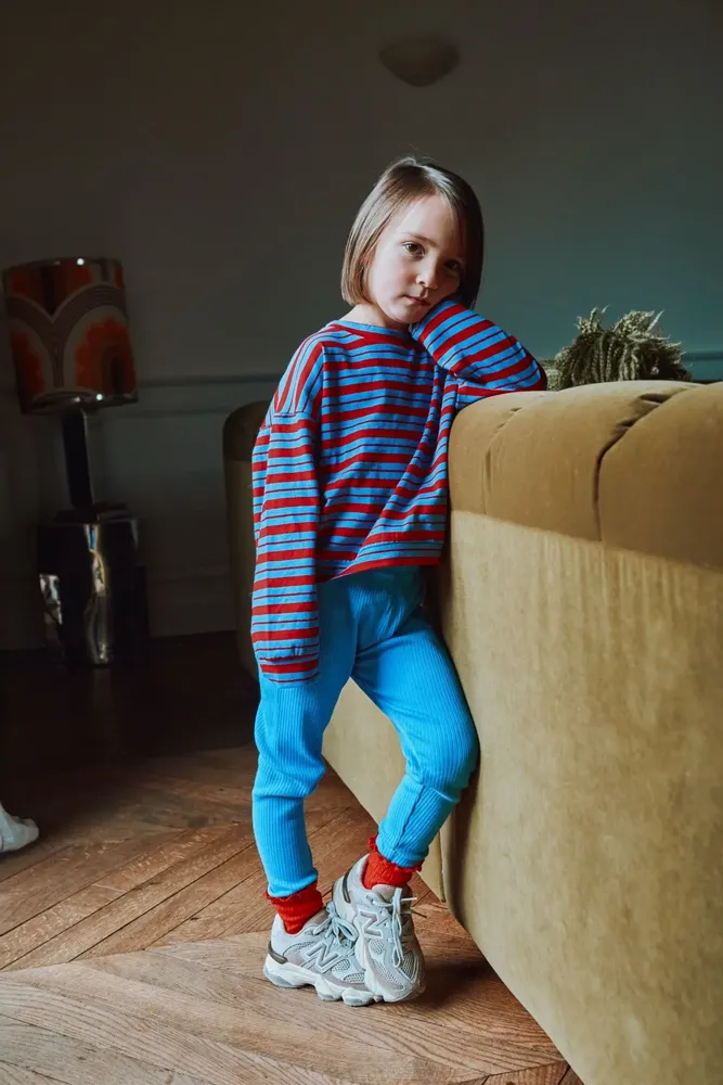 Children's apparel - Blue and red striped Oolong T-shirt - POUDRE ORGANIC