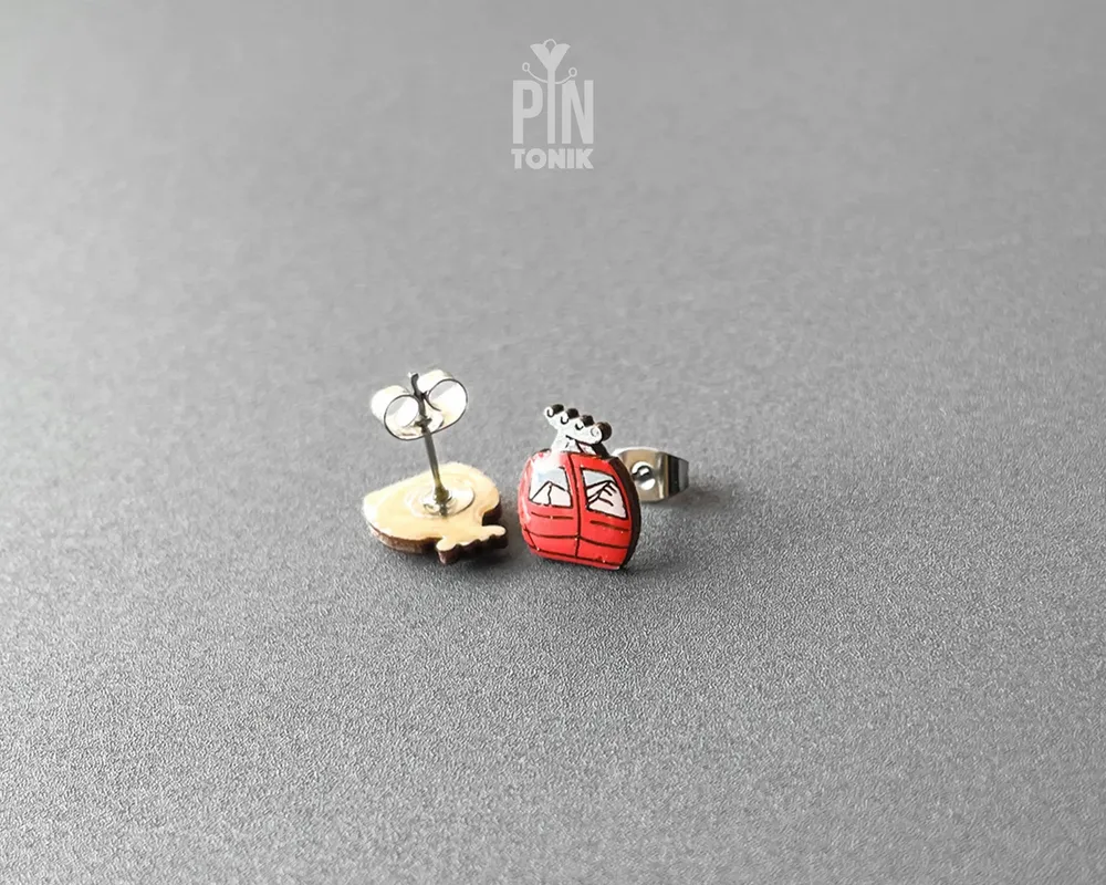 Jewelry - Ski Gondola Stud Earrings - Fun Apres Ski Stocking Stuffers - Mountain Wood Eearrings - PINTONIK