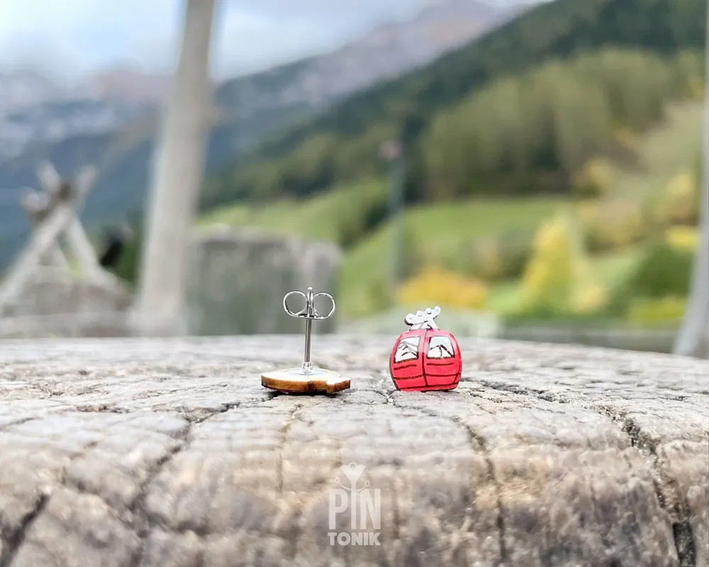 Jewelry - Ski Gondola Stud Earrings - Fun Apres Ski Stocking Stuffers - Mountain Wood Eearrings - PINTONIK
