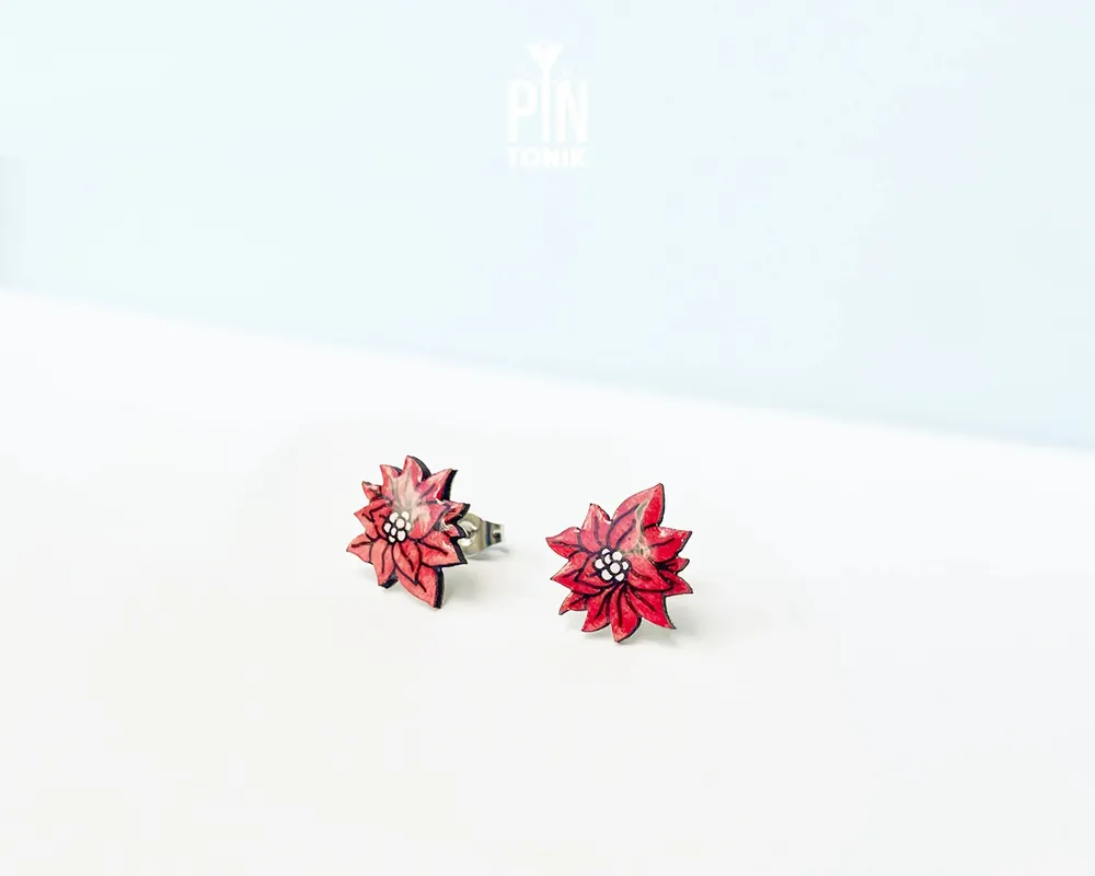 Jewelry - Red Poinsettia Christmas Stud Earrings - Holiday Flower Jewelry - Secret Santa Bestie Gift - PINTONIK