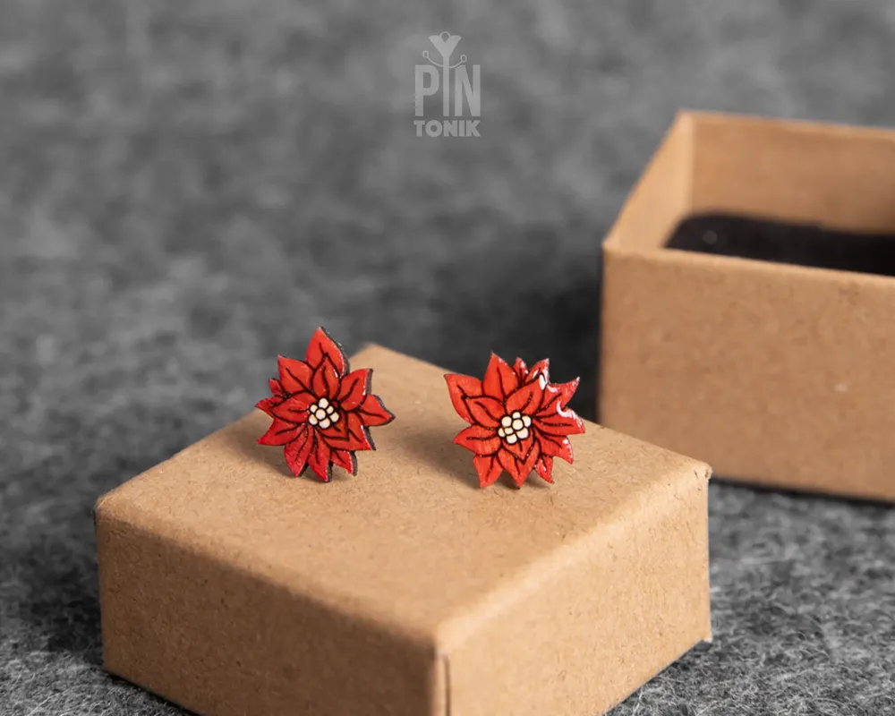 Jewelry - Red Poinsettia Christmas Stud Earrings - Holiday Flower Jewelry - Secret Santa Bestie Gift - PINTONIK
