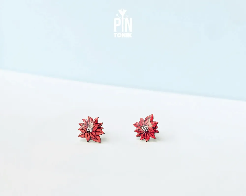 Jewelry - Red Poinsettia Christmas Stud Earrings - Holiday Flower Jewelry - Secret Santa Bestie Gift - PINTONIK