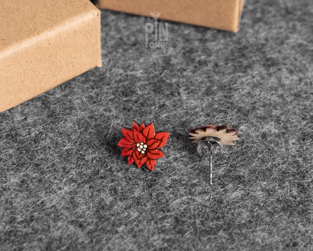 Jewelry - Red Poinsettia Christmas Stud Earrings - Holiday Flower Jewelry - Secret Santa Bestie Gift - PINTONIK