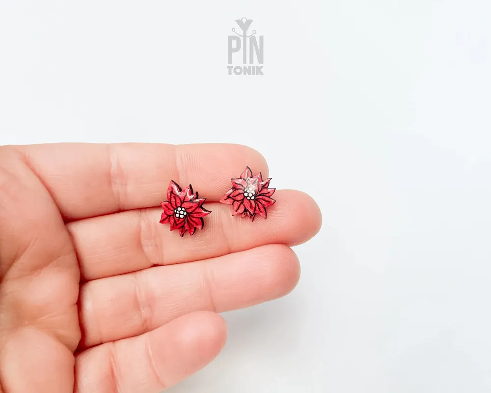 Jewelry - Red Poinsettia Christmas Stud Earrings - Holiday Flower Jewelry - Secret Santa Bestie Gift - PINTONIK