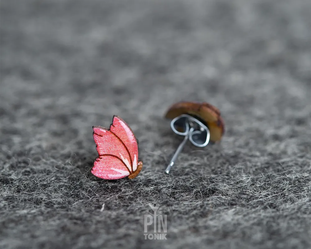 Jewelry - Small Wood Butterfly Wing Earrings - Whimsical Studs - PINTONIK