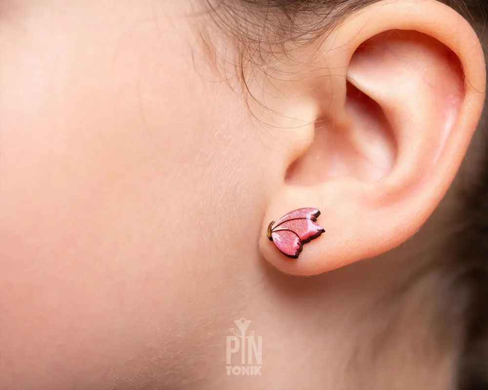 Jewelry - Small Wood Butterfly Wing Earrings - Whimsical Studs - PINTONIK