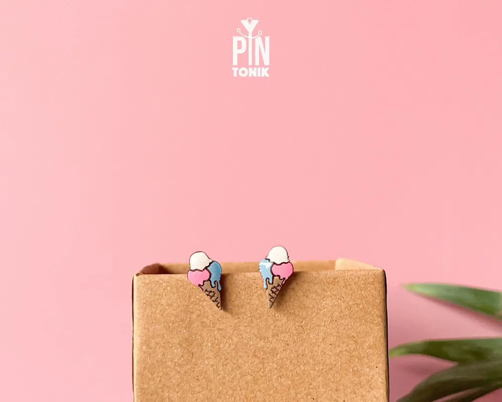 Jewelry - Ice Cream Stud Earrings - Wooden Summer Food Jewelry - PINTONIK