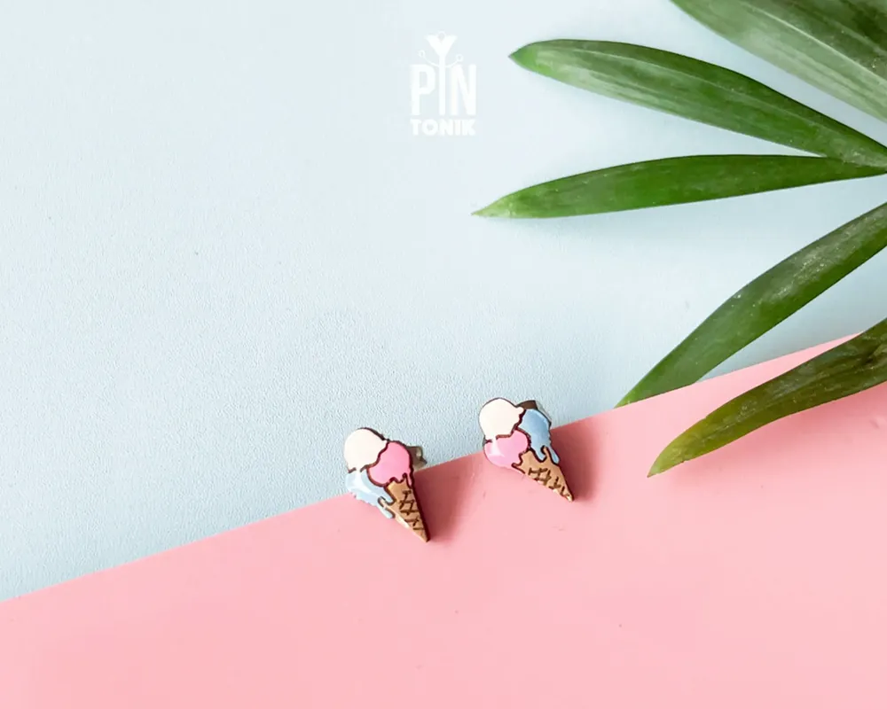 Jewelry - Ice Cream Stud Earrings - Wooden Summer Food Jewelry - PINTONIK