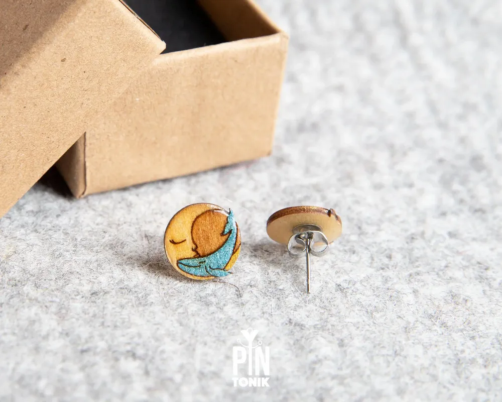 Jewelry - Whale and Crescent Moon Stud Earrings - Whimsical Ocean Jewelry - Whale Christmas Stocking Stuffer - PINTONIK