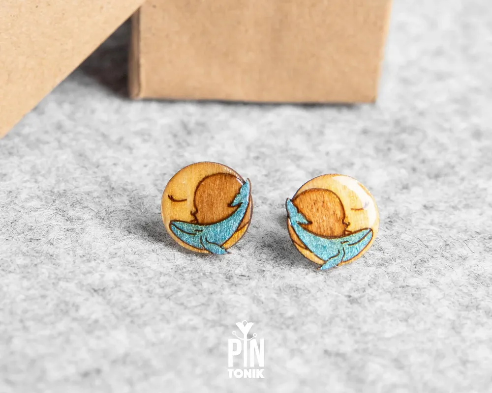 Jewelry - Whale and Crescent Moon Stud Earrings - Whimsical Ocean Jewelry - Whale Christmas Stocking Stuffer - PINTONIK