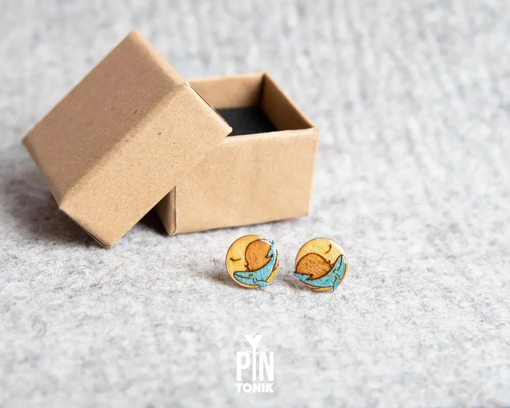 Jewelry - Whale and Crescent Moon Stud Earrings - Whimsical Ocean Jewelry - Whale Christmas Stocking Stuffer - PINTONIK