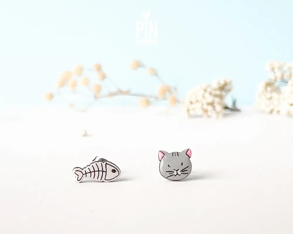 Bijoux - Boucles d'oreilles asymétriques squelette de chat et de poisson - Bijoux en bois amusants - PINTONIK