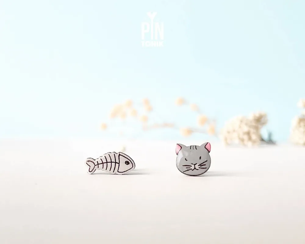 Bijoux - Boucles d'oreilles asymétriques squelette de chat et de poisson - Bijoux en bois amusants - PINTONIK