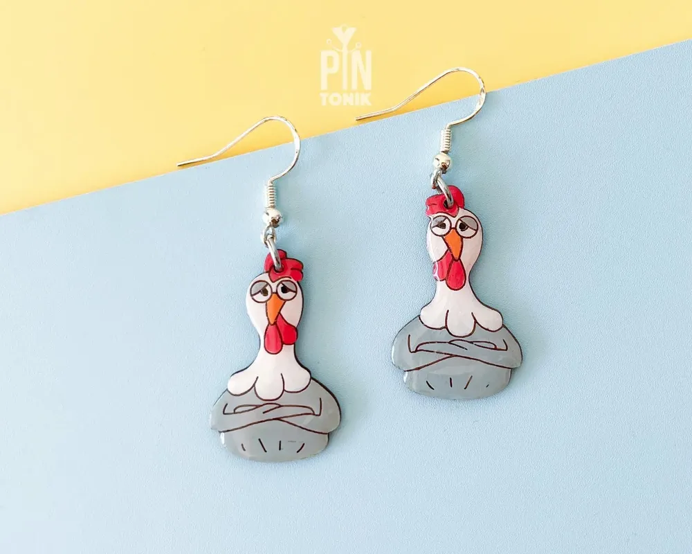 Bijoux - Boucles d'oreilles poule - Pendentifs poule rigolotes - Bois et argent sterling - PINTONIK