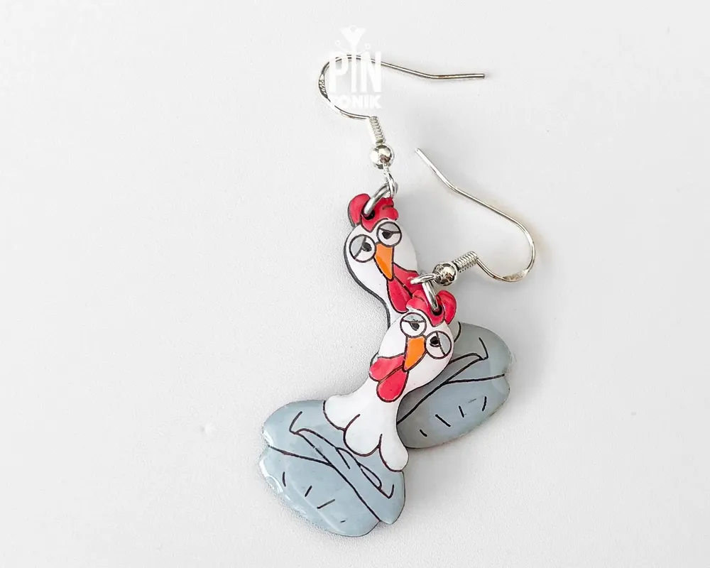 Bijoux - Boucles d'oreilles poule - Pendentifs poule rigolotes - Bois et argent sterling - PINTONIK