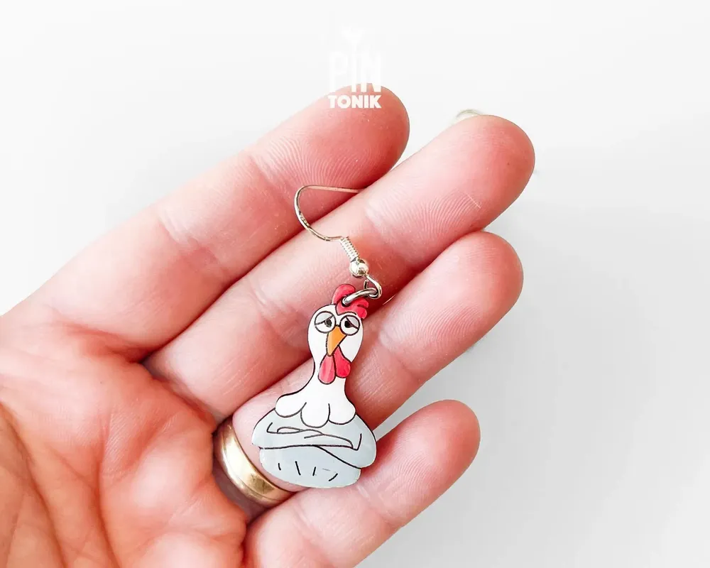 Bijoux - Boucles d'oreilles poule - Pendentifs poule rigolotes - Bois et argent sterling - PINTONIK