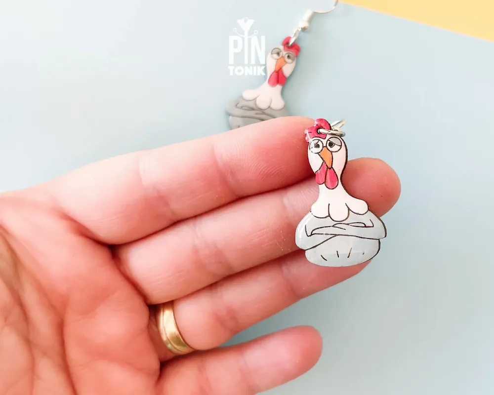 Bijoux - Boucles d'oreilles poule - Pendentifs poule rigolotes - Bois et argent sterling - PINTONIK