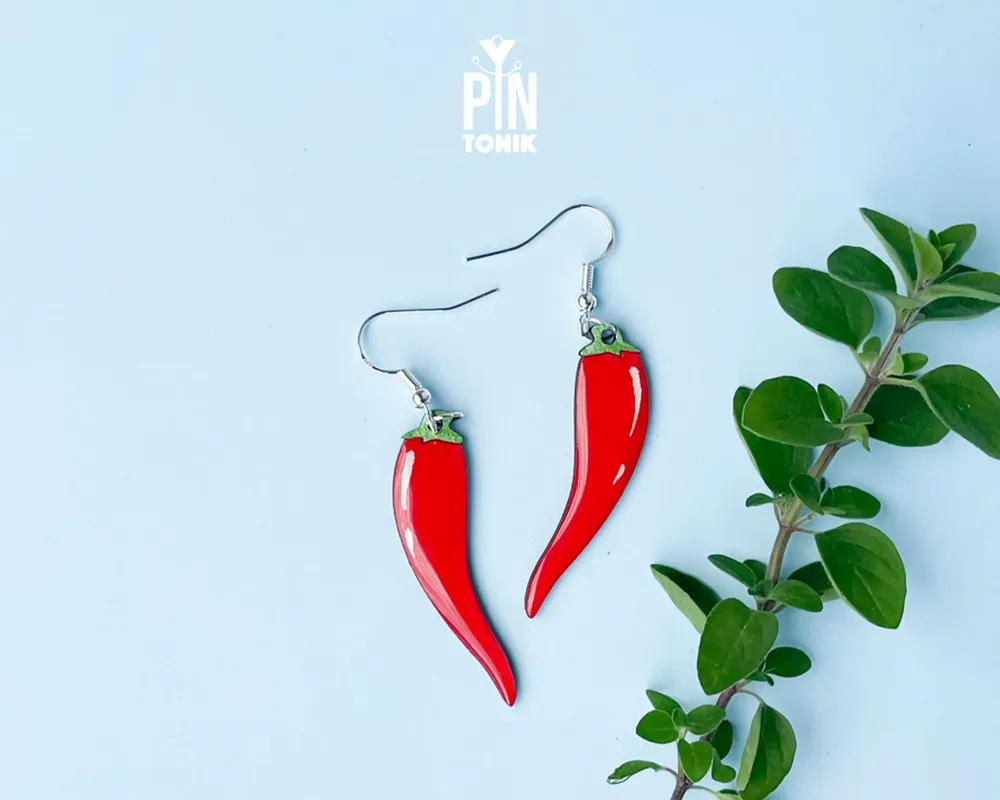 Bijoux - Boucles d'oreilles pendantes piment - Boucles d'oreilles originales en bois et argent sterling - PINTONIK