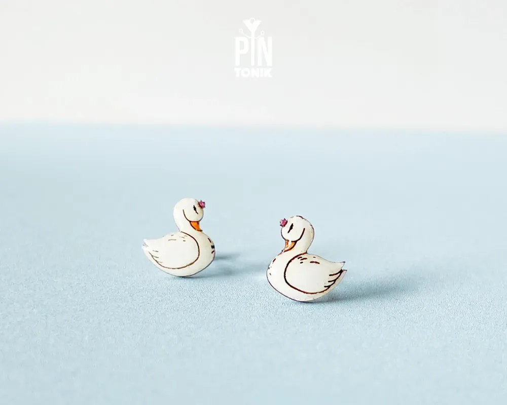 Jewelry - Swan Stud Earrings - Whimsical Bird Earrings - Valentines gift for girlfriend - White Swan jewelry - PINTONIK