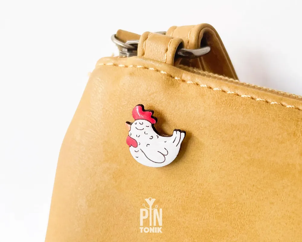 Jewelry - Funny Chicken Pin - Wooden Brooch - Bird Lover Gift - PINTONIK