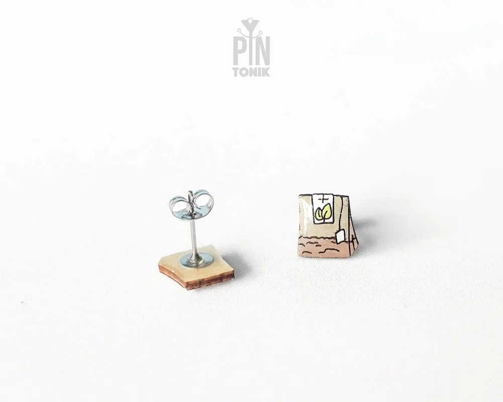 Jewelry - Green Tea Bag Stud Earrings - Wooden Tea Lover Jewelry - PINTONIK