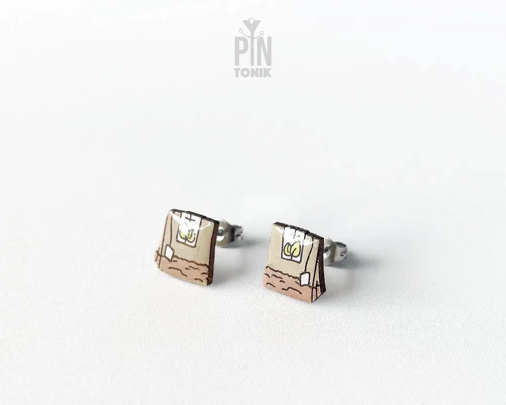 Jewelry - Green Tea Bag Stud Earrings - Wooden Tea Lover Jewelry - PINTONIK