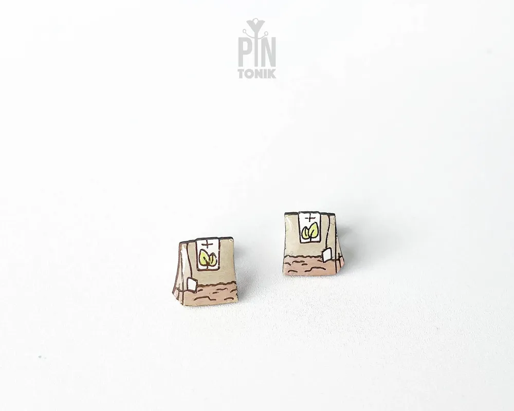 Jewelry - Green Tea Bag Stud Earrings - Wooden Tea Lover Jewelry - PINTONIK