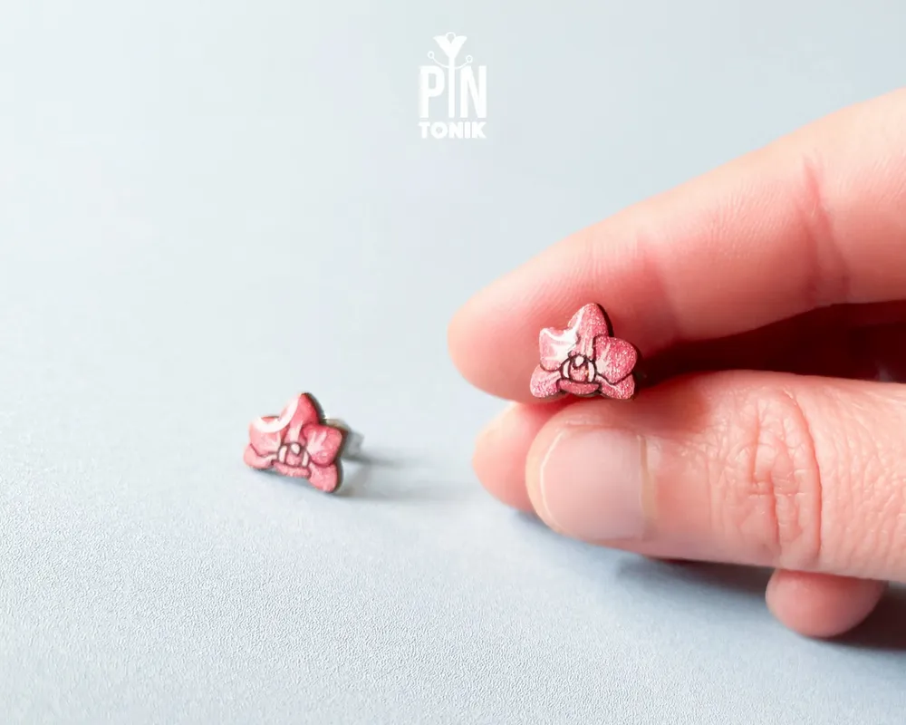 Jewelry - Pink Orchid Stud Earrings - Small Floral Wood Jewelry - PINTONIK