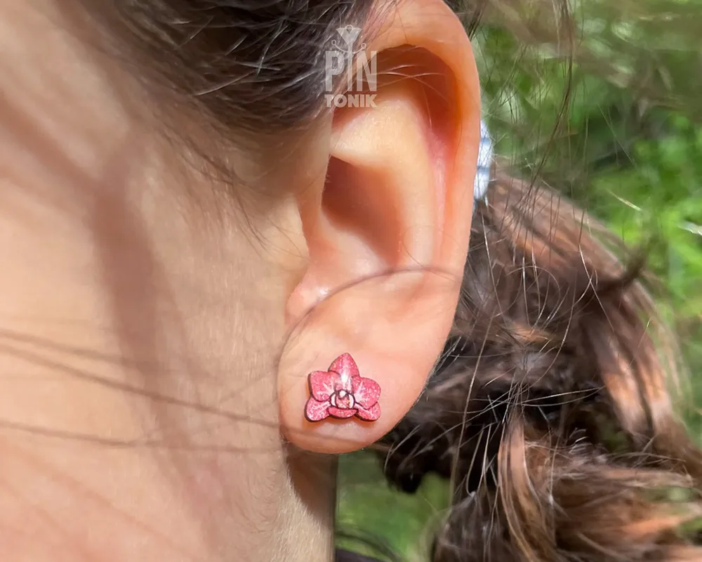 Jewelry - Pink Orchid Stud Earrings - Small Floral Wood Jewelry - PINTONIK