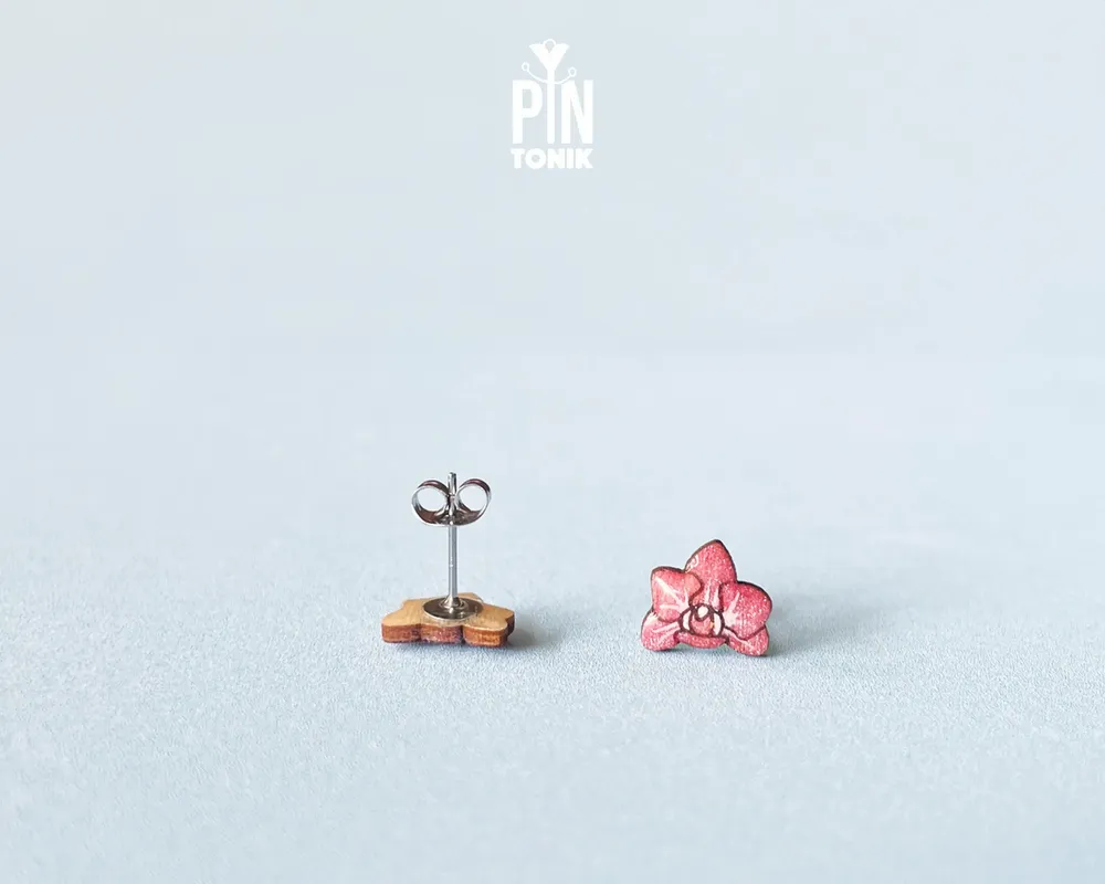 Jewelry - Pink Orchid Stud Earrings - Small Floral Wood Jewelry - PINTONIK