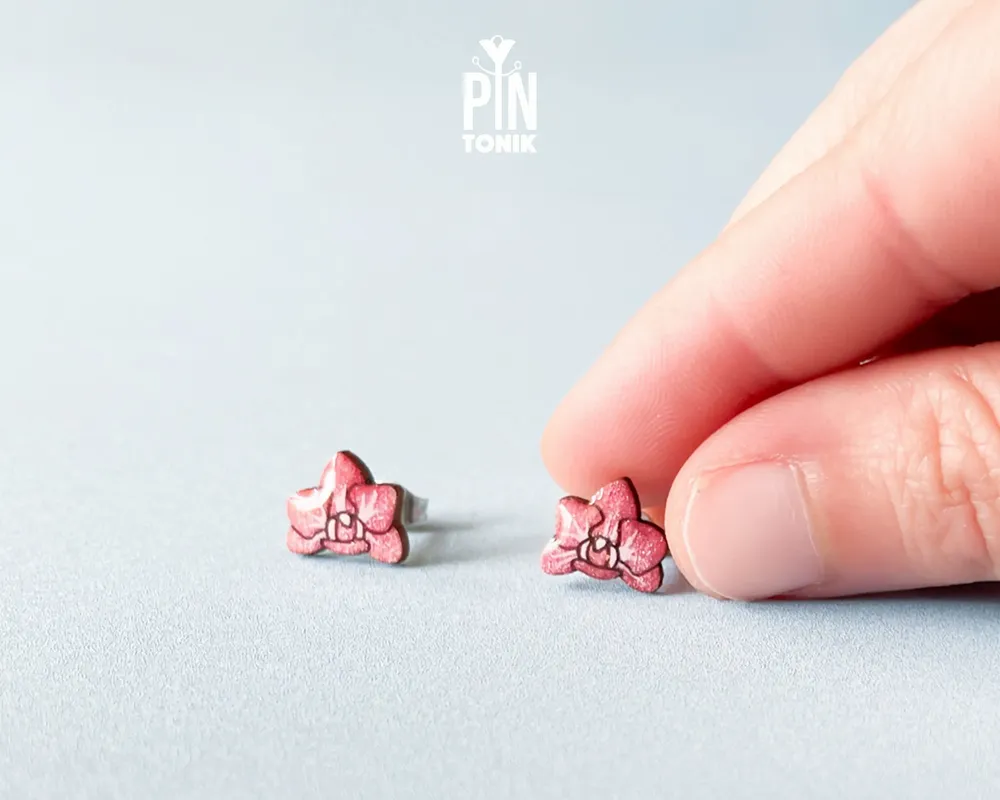 Jewelry - Pink Orchid Stud Earrings - Small Floral Wood Jewelry - PINTONIK