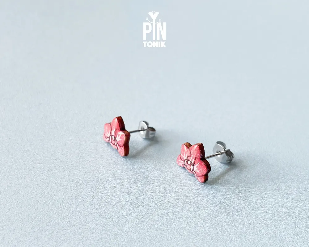 Jewelry - Pink Orchid Stud Earrings - Small Floral Wood Jewelry - PINTONIK