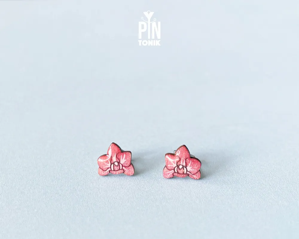 Jewelry - Pink Orchid Stud Earrings - Small Floral Wood Jewelry - PINTONIK