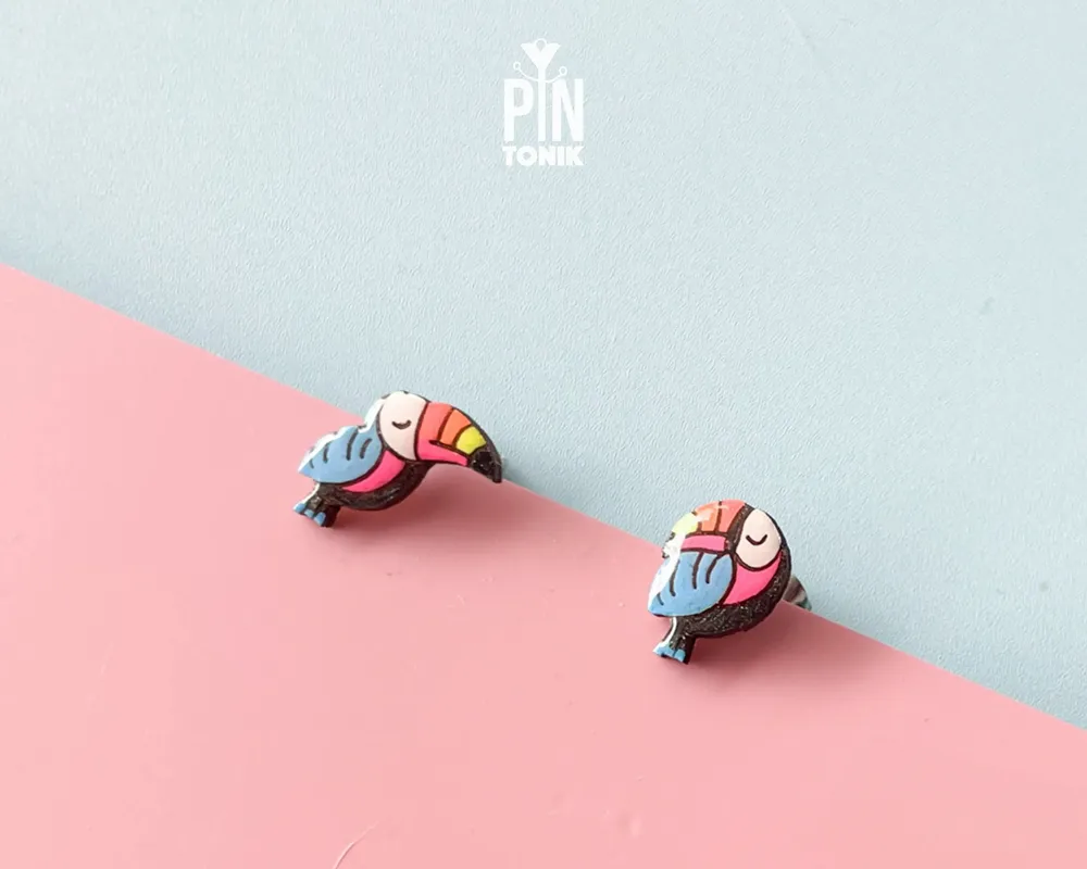 Jewelry - Toucan Stud Earrings - Mismatched Tropical Bird Earrings - Fun Colorful Halloween Costume Jewelry - PINTONIK