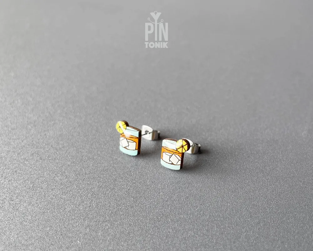 Jewelry - Whiskey Glass Stud Earrings - Funky Wood Old Fashioned Cocktail Jewelry - PINTONIK