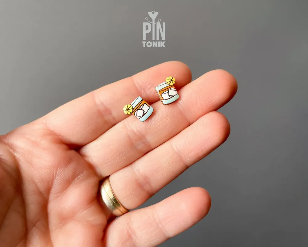 Jewelry - Whiskey Glass Stud Earrings - Funky Wood Old Fashioned Cocktail Jewelry - PINTONIK