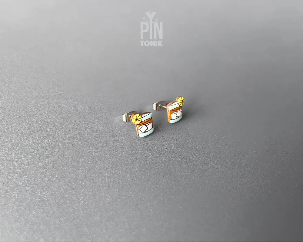 Jewelry - Whiskey Glass Stud Earrings - Funky Wood Old Fashioned Cocktail Jewelry - PINTONIK