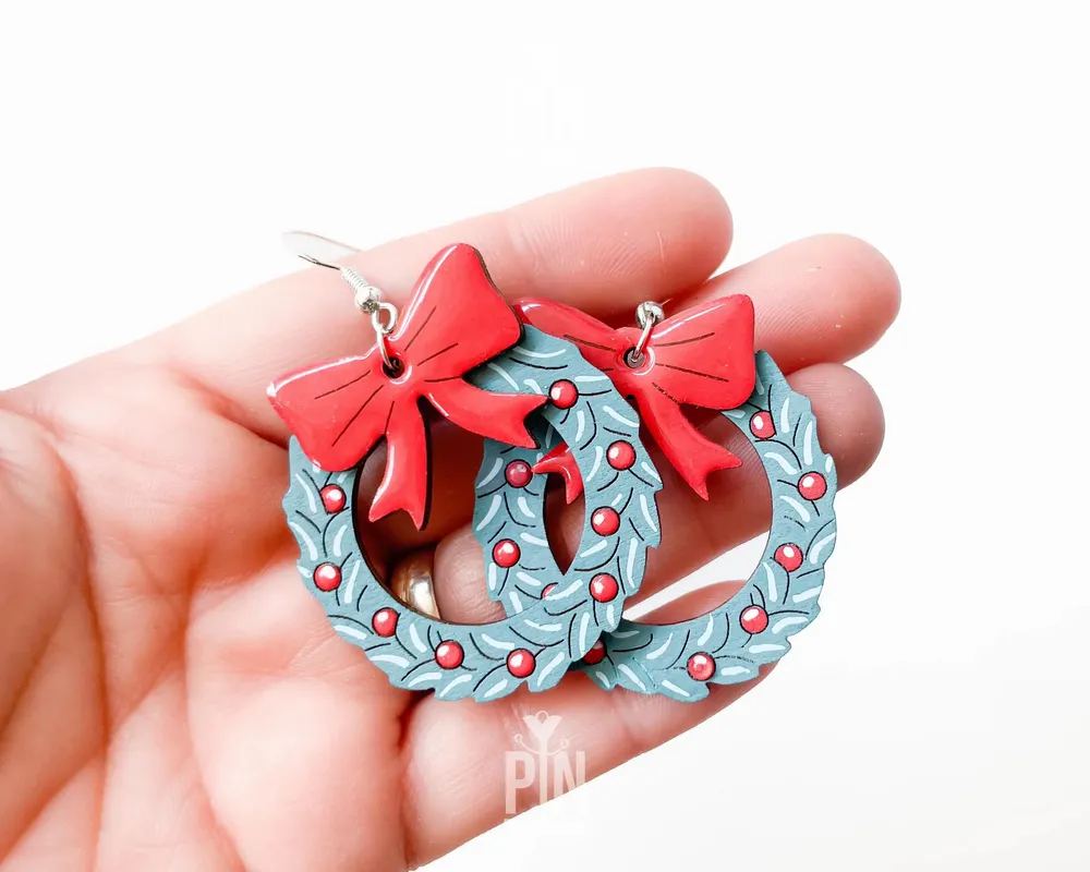 Jewelry - Wood Christmas Wreath Earrings - Sterling Silver Holiday Dangles - PINTONIK