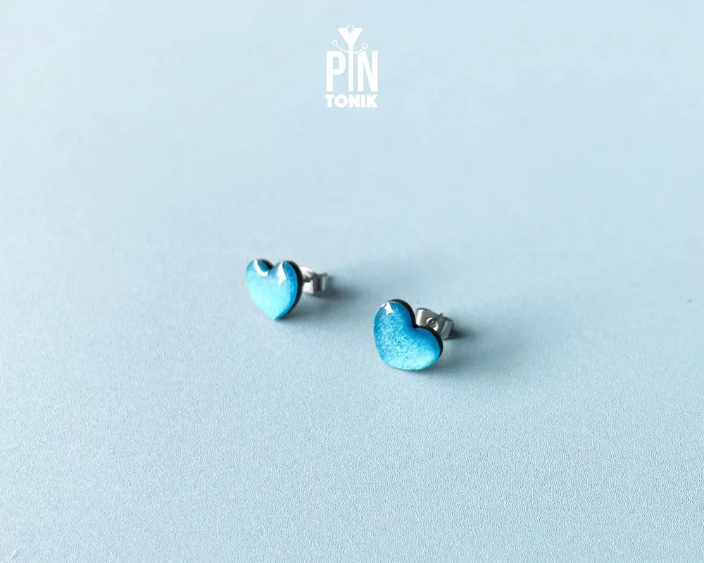 Jewelry - Blue Heart Stud Earrings - Wooden Turquoise Earrings - PINTONIK