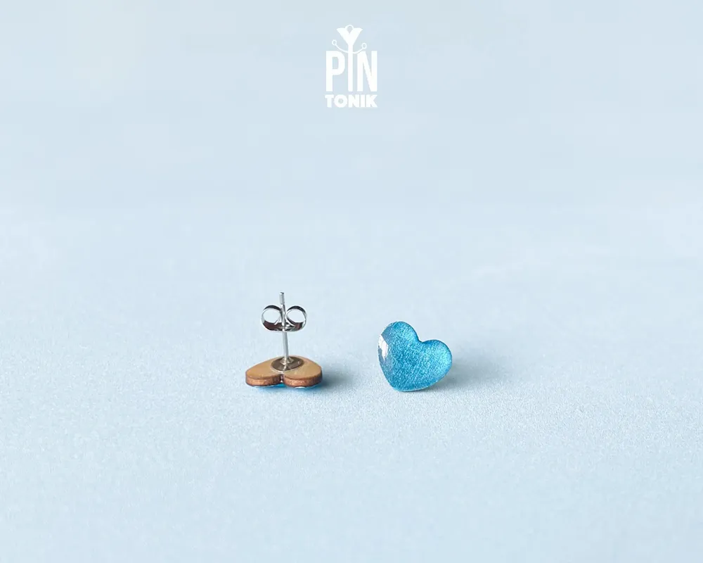 Jewelry - Blue Heart Stud Earrings - Wooden Turquoise Earrings - PINTONIK