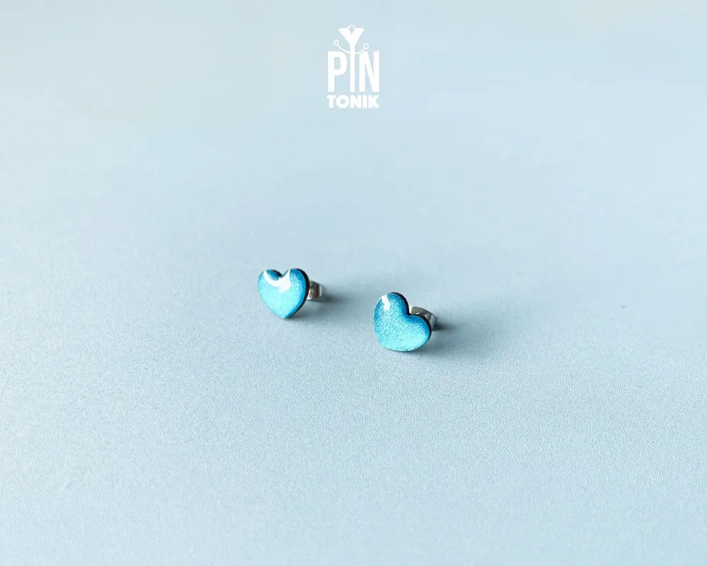 Jewelry - Blue Heart Stud Earrings - Wooden Turquoise Earrings - PINTONIK